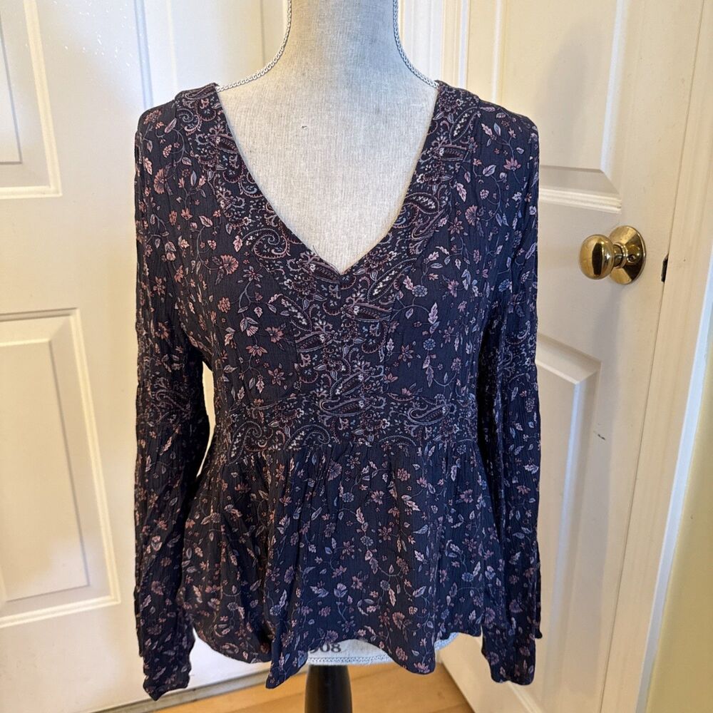 PEASANT BLOUSE aeropostale navy Blue bell sleeve Longsleeved blouse rayon size L